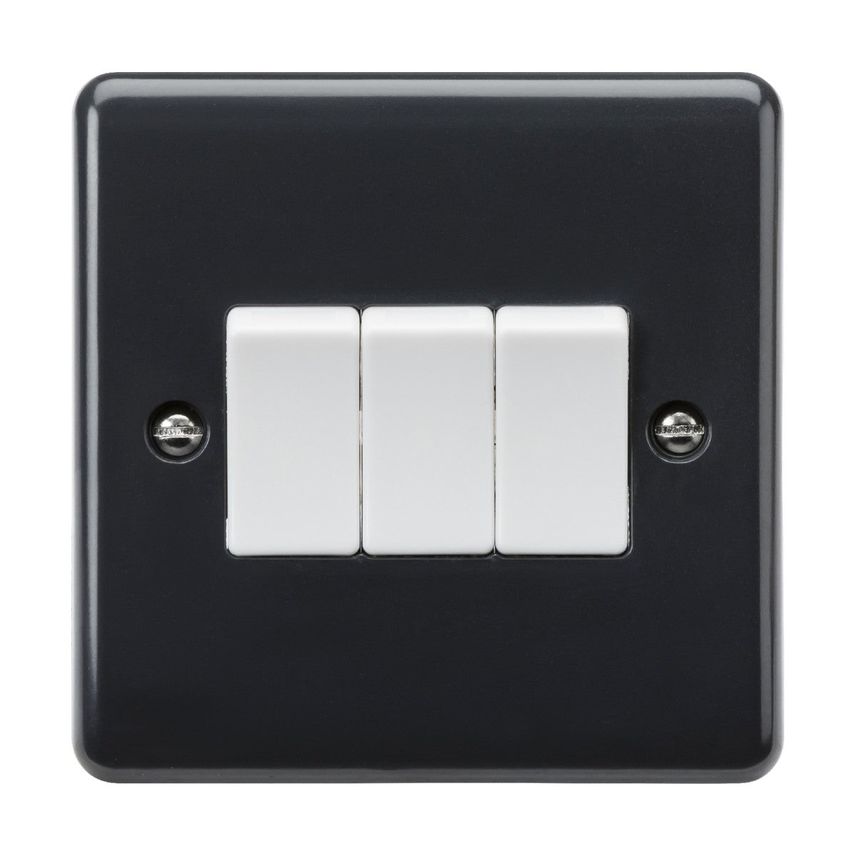 Product Description: The 10AX 3 Gang 2-Way Switch [Part M Compliant] from the Curved Edge range is a sophisticated black wiring accessory featuring three centrally positioned white toggle switches on a square faceplate. This stylish switch incorporates anti-microbial properties and is secured with two screws, ensuring both aesthetic appeal and enhanced safety.