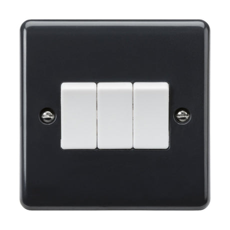 Product Description: The 10AX 3 Gang 2-Way Switch [Part M Compliant] from the Curved Edge range is a sophisticated black wiring accessory featuring three centrally positioned white toggle switches on a square faceplate. This stylish switch incorporates anti-microbial properties and is secured with two screws, ensuring both aesthetic appeal and enhanced safety.