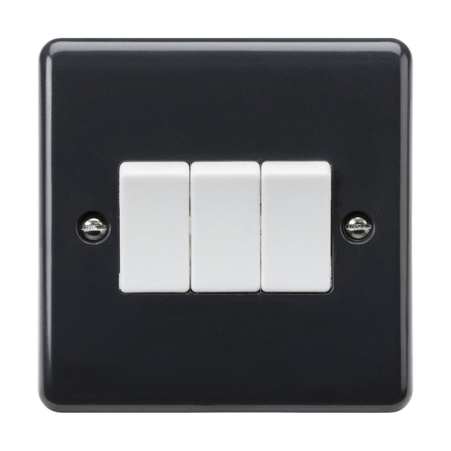 Product Description: The 10AX 3 Gang 2-Way Switch [Part M Compliant] from the Curved Edge range is a sophisticated black wiring accessory featuring three centrally positioned white toggle switches on a square faceplate. This stylish switch incorporates anti-microbial properties and is secured with two screws, ensuring both aesthetic appeal and enhanced safety.