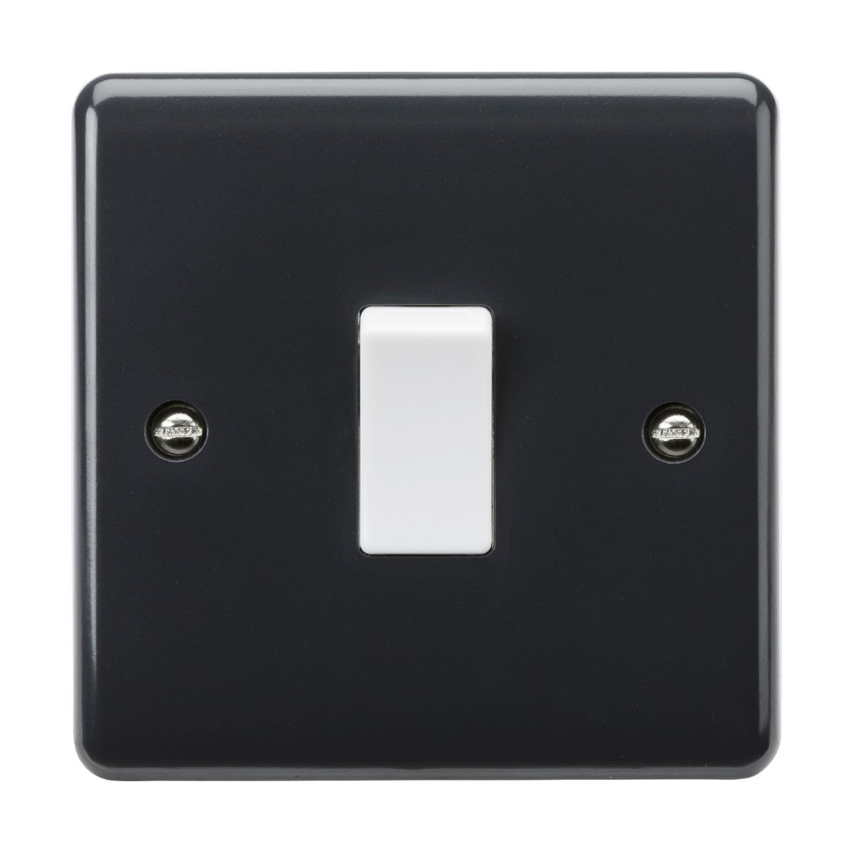 The 10AX 1 Gang 2-Way Switch [Part M Compliant] from the Curved Edge range is a black light switch plate that includes a centered white toggle switch. This simple, functional design features two visible screws on either side and boasts anti-microbial properties for enhanced safety and hygiene.