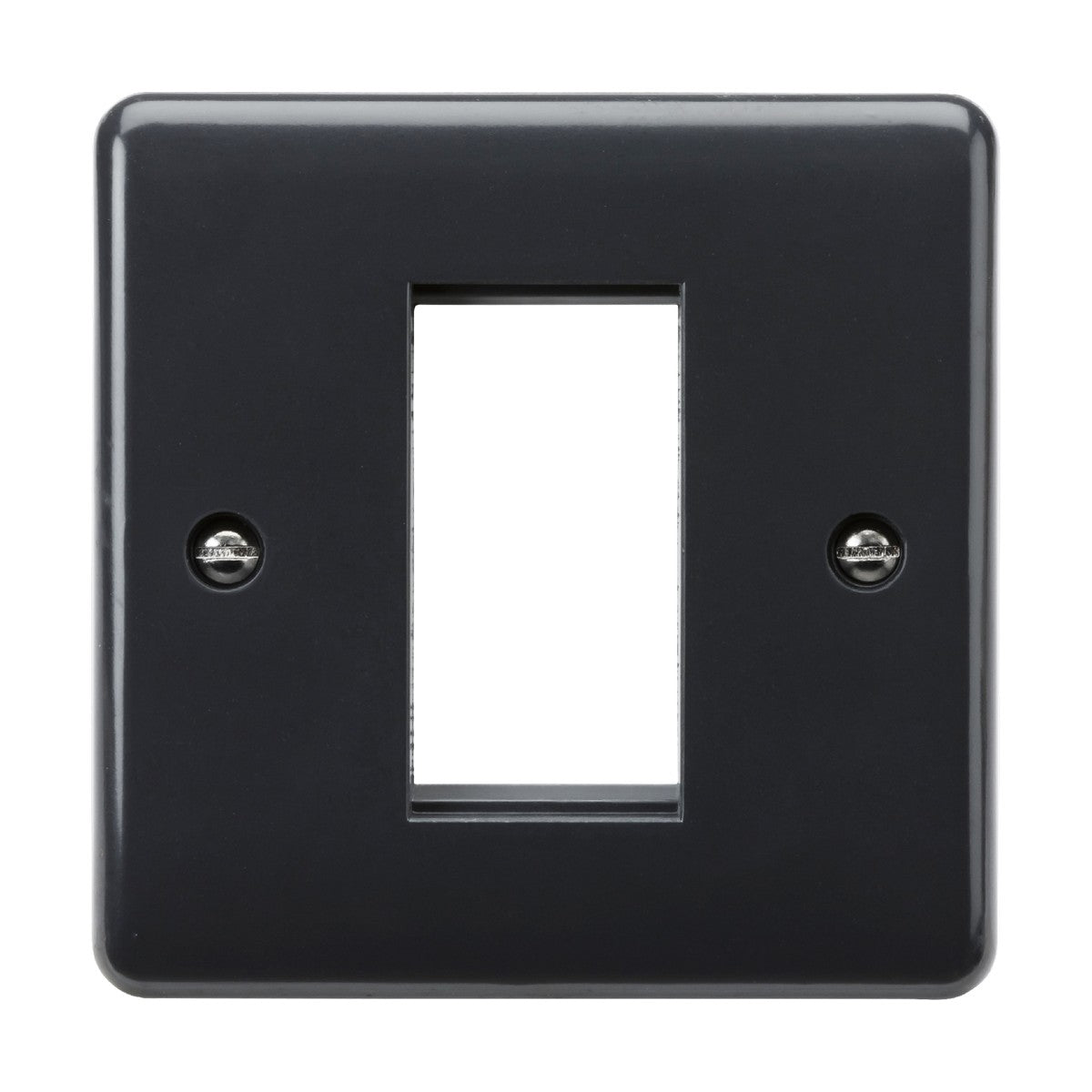 Introducing the 1 Gang Modular Faceplate [Part M Compliant], a sleek black switch plate cover with a rectangular cutout tailored for rocker switches. It has elegantly curved edges and two screw holes, one on each side, for easy installation. This wiring accessory offers both functionality and style.