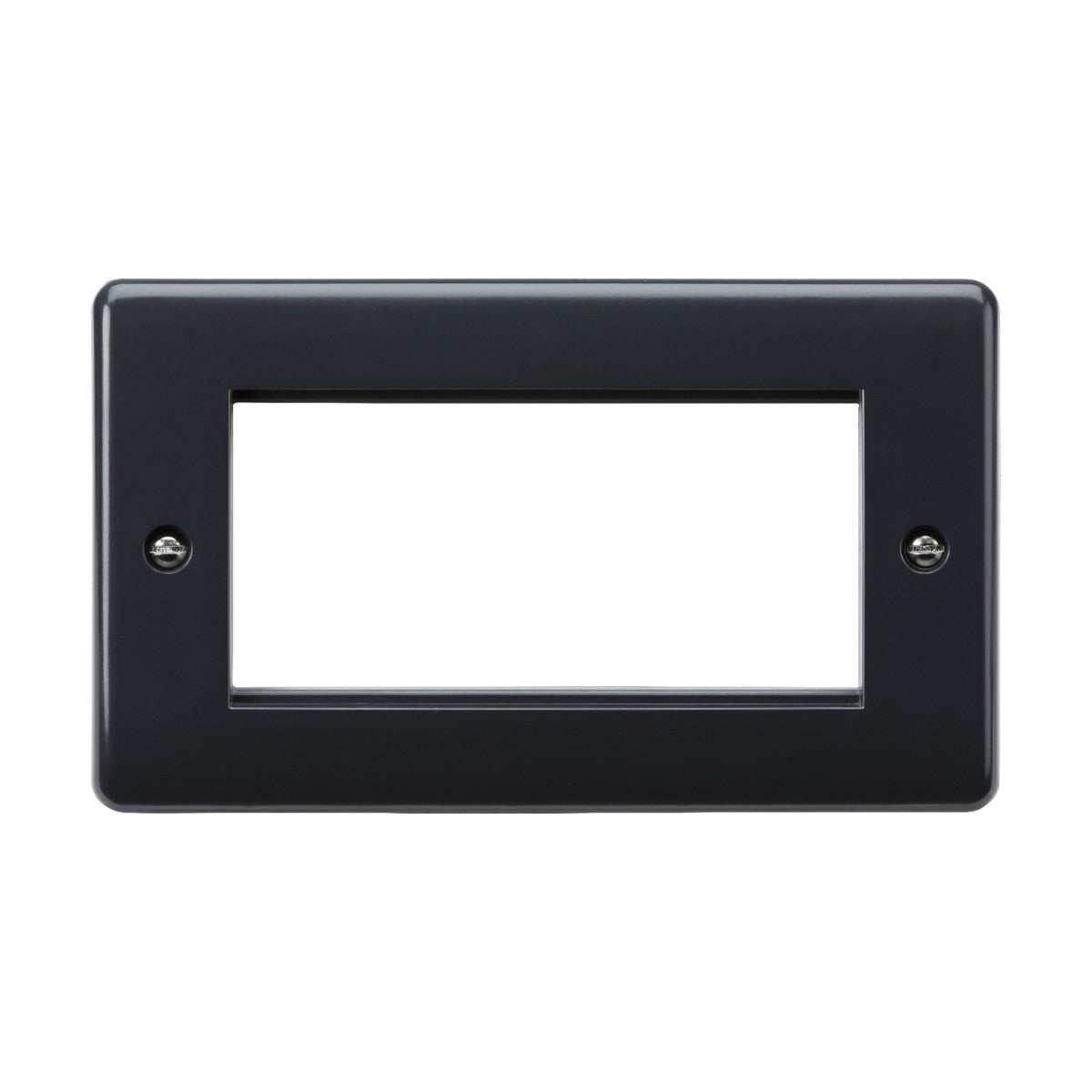 The 4 Gang Modular Faceplate [Part M Compliant] is a black, rectangular wall plate with anti-microbial properties and two screw holes, designed to cover an electrical outlet or switch. Its open center accommodates dual switches or outlets, providing a hygienic upgrade to your wiring accessories.