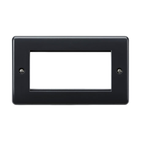 The 4 Gang Modular Faceplate [Part M Compliant] is a black, rectangular wall plate with anti-microbial properties and two screw holes, designed to cover an electrical outlet or switch. Its open center accommodates dual switches or outlets, providing a hygienic upgrade to your wiring accessories.