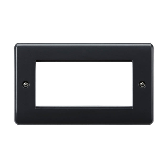The 4 Gang Modular Faceplate [Part M Compliant] is a black, rectangular wall plate with anti-microbial properties and two screw holes, designed to cover an electrical outlet or switch. Its open center accommodates dual switches or outlets, providing a hygienic upgrade to your wiring accessories.