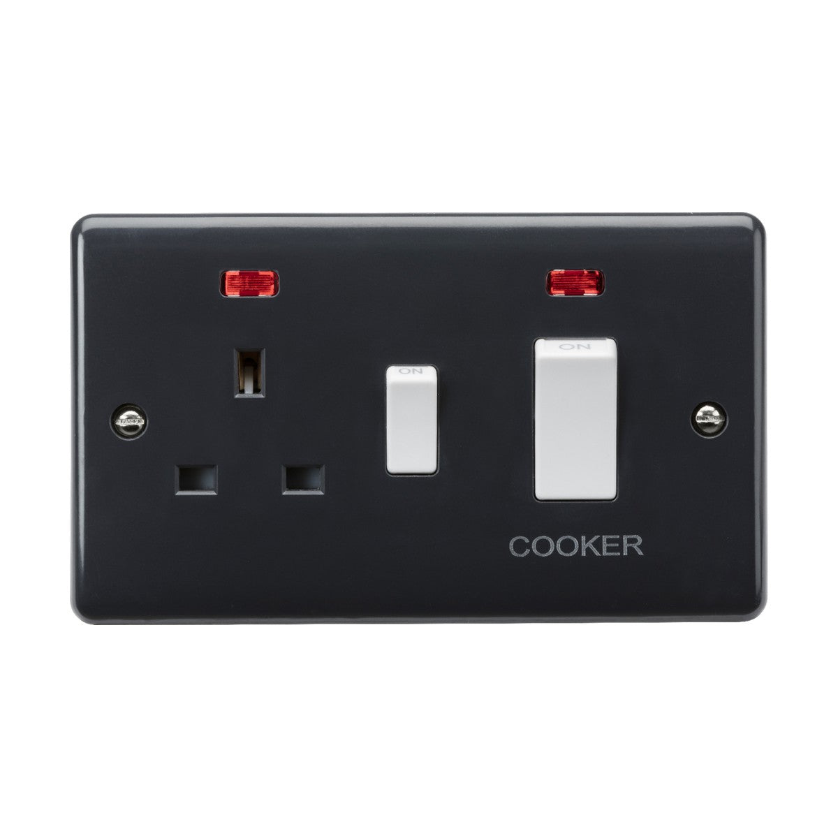 The 45A DP Switch with 13A Socket Neons [Part M Compliant] in black includes two red indicator lights, a UK three-pin socket, and elegantly curved edges. It showcases two labeled white switches at its center, offering a sophisticated touch to any kitchen's wiring accessories.