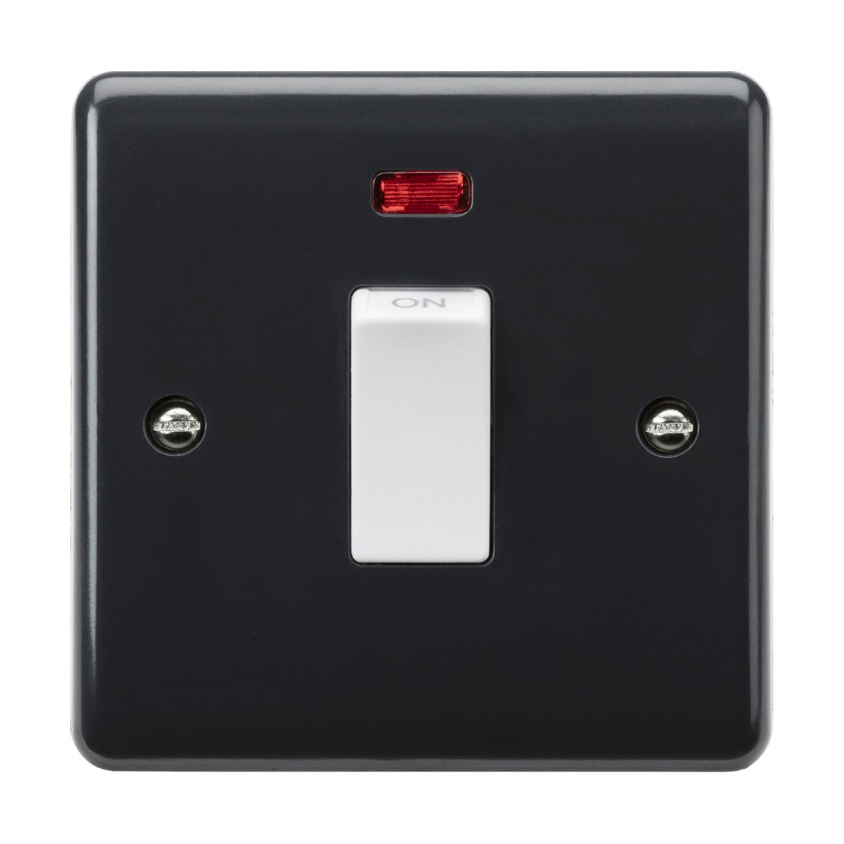 The 45A DP Switch Neon (1 Gang Size) [Part M Compliant] is a square black electrical switch plate with a central white toggle switch set to ON. It includes anti-microbial properties and meets British Safety standards, featuring a red indicator light above the switch and two visible screws on each side for mounting.