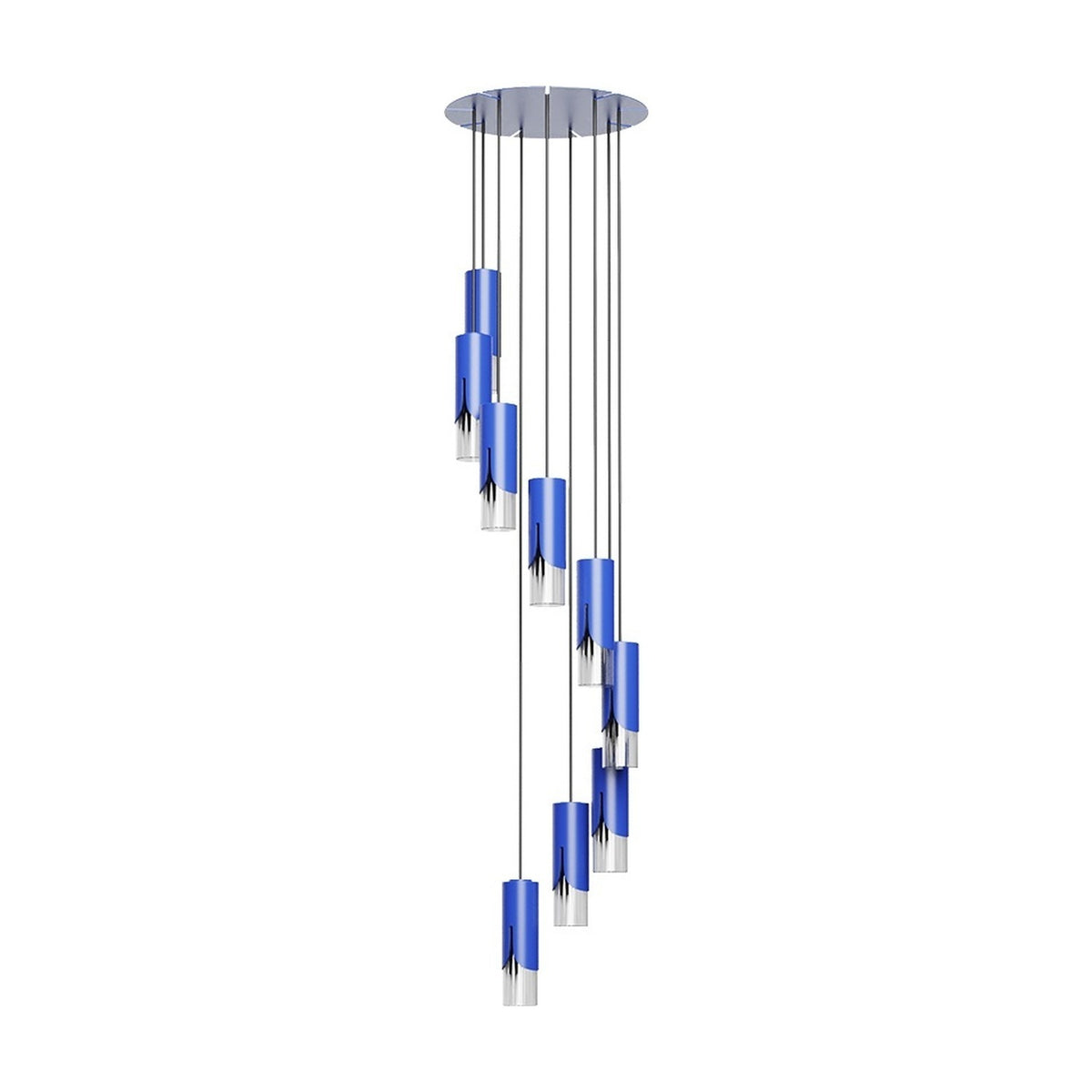 Bisel Spiral Cluster Glass Chandelier in metallic blue, with cylindrical iron and glass shades of varying heights winding from a round chrome ceiling canopy, on a plain white background.
