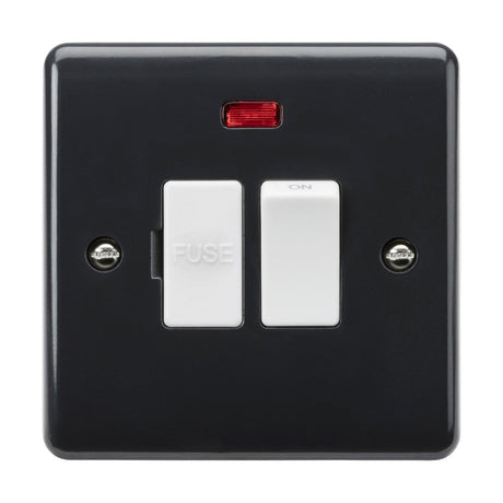 The 13A Switched Fused Spur Neon [Part M Compliant] is a black electrical switch plate from the Curved Edge range, featuring a FUSE-labeled fuse switch and an ON-labeled power switch. A small red indicator light is positioned above the switches. This wiring accessory includes anti-microbial properties and is secured with two screws on each side.