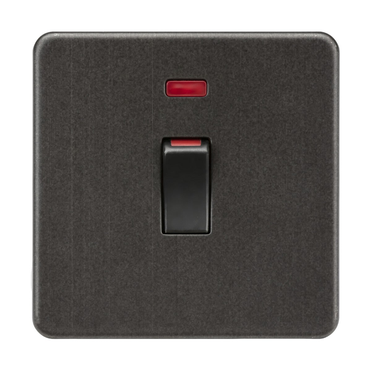 The 45A DP Switch Neon (1 Gang Size) in smoked bronze includes a red indicator on a dark grey squared plate, crafted as an elegant double pole cooker control unit.