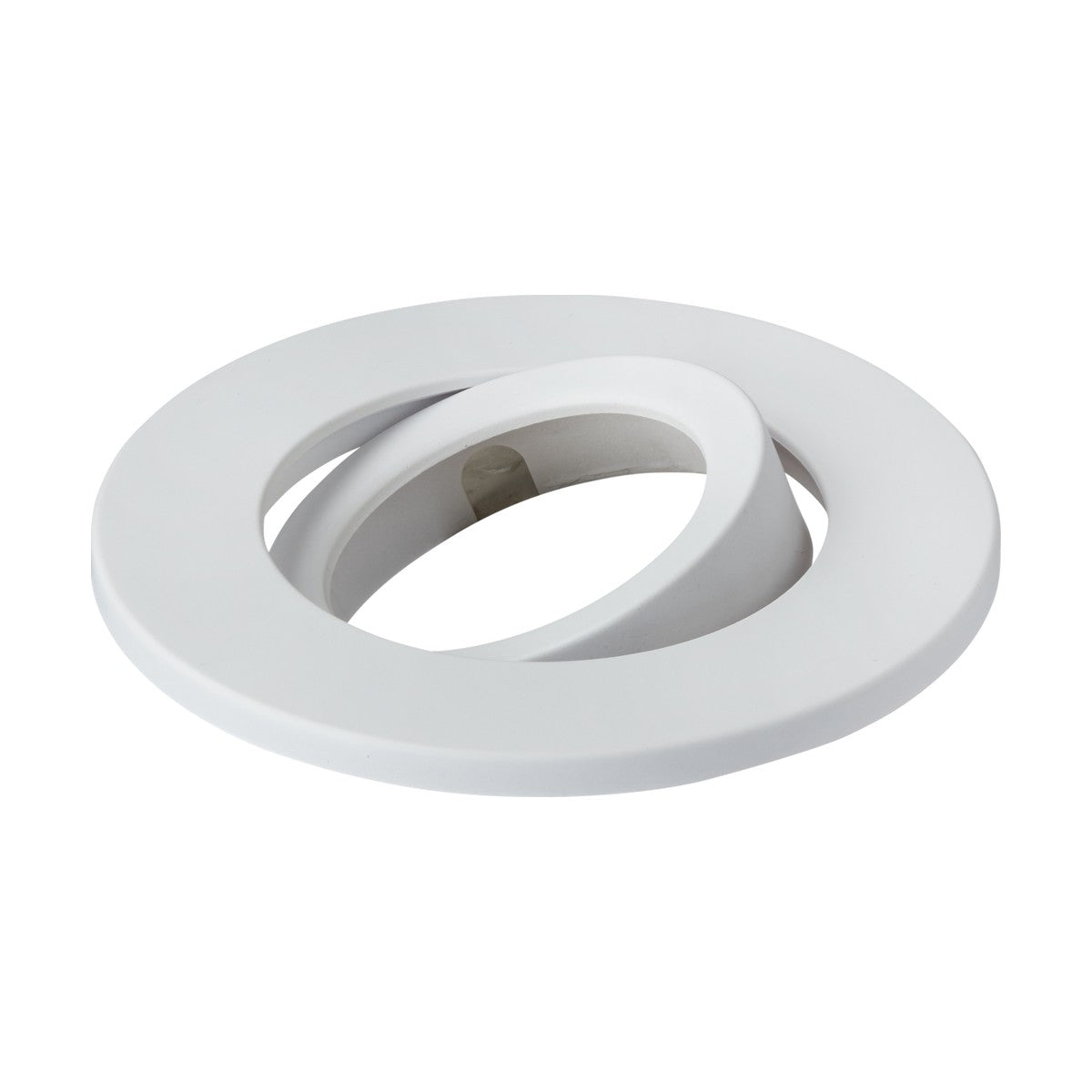 The Tilt Bezel for SpektroLED - White is a circular ceiling light fixture featuring an adjustable inner ring that directs light precisely. Its minimalistic and modern design, crafted from durable polycarbonate, makes it ideal for various interior settings.