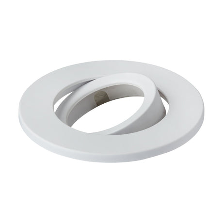 The Tilt Bezel for SpektroLED - White is a circular ceiling light fixture featuring an adjustable inner ring that directs light precisely. Its minimalistic and modern design, crafted from durable polycarbonate, makes it ideal for various interior settings.