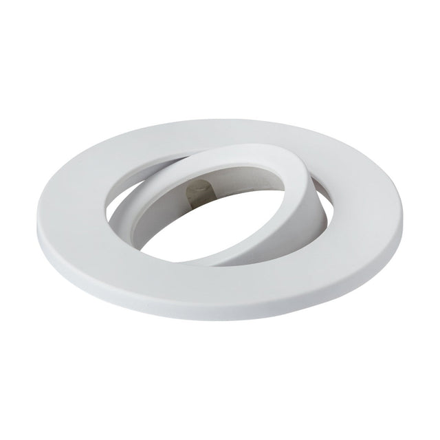 The Tilt Bezel for SpektroLED - White is a circular ceiling light fixture featuring an adjustable inner ring that directs light precisely. Its minimalistic and modern design, crafted from durable polycarbonate, makes it ideal for various interior settings.