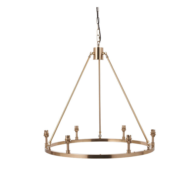Endon Bevford 6 light hoop pendant in aged brass with B22 lamp holders, hanging from a black fabric flex and chain against a white background.