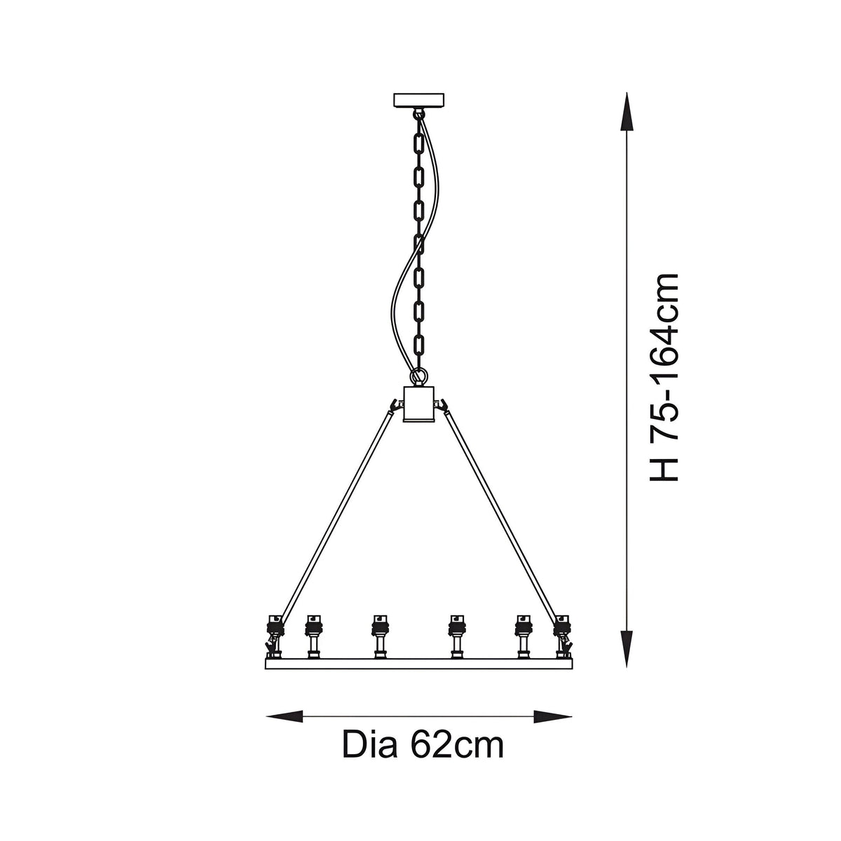 Dimension diagram of the Endon Bevford 6 Light Pendant showing a 62cm diameter hoop and adjustable height of 75 to 164cm.