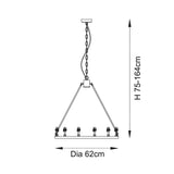 Dimension diagram of the Endon Bevford 6 Light Pendant showing a 62cm diameter hoop and adjustable height of 75 to 164cm.