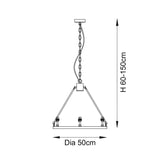 Dimension diagram of the Endon Bevford 3 Light Pendant showing 50cm diameter and adjustable 60–150cm height on a white background.