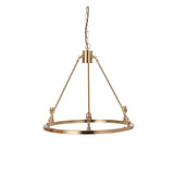 Endon Bevford 3 light pendant in aged brass with hoop frame, tripod rods, B22 lamp holders and black chain suspension on a white background.