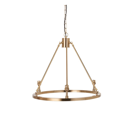 Endon Bevford 3 light pendant in aged brass with hoop frame, tripod rods, B22 lamp holders and black chain suspension on a white background.
