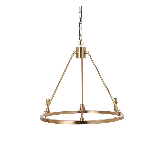 Endon Bevford 3 light pendant in aged brass with hoop frame, tripod rods, B22 lamp holders and black chain suspension on a white background.
