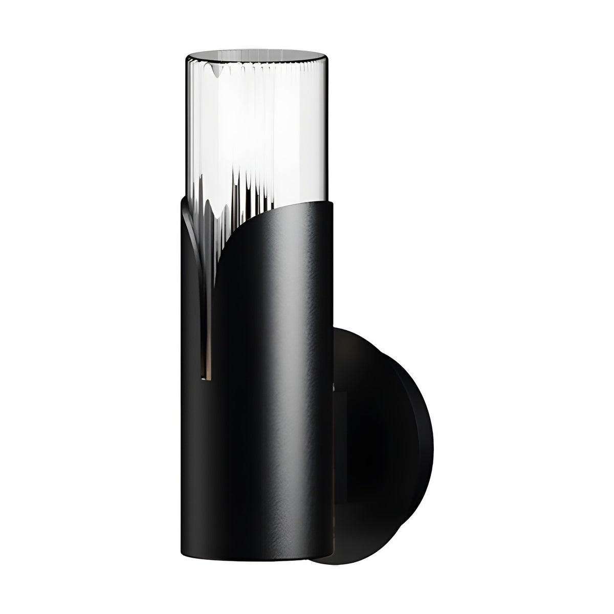 Bisel Cylinder Ribbed Glass Wall Light in matt black, with a clear ribbed glass cylinder set in a curved iron sleeve on a round backplate, shown on a plain white background.
