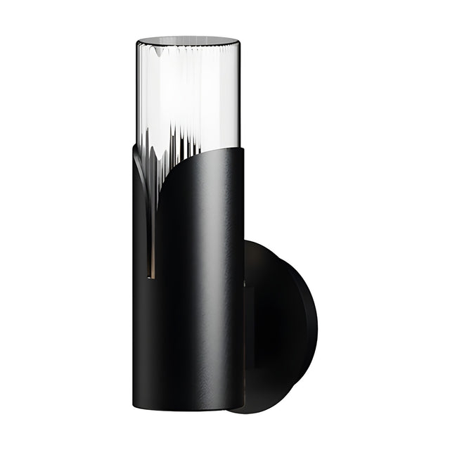 Bisel Cylinder Ribbed Glass Wall Light in matt black, with a clear ribbed glass cylinder set in a curved iron sleeve on a round backplate, shown on a plain white background.