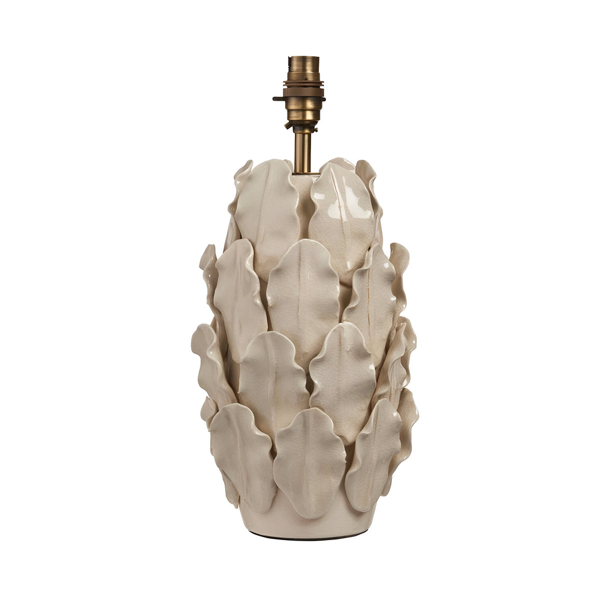 Endon Caldford large ceramic table lamp base in ivory crackle glaze with sculptural leaf detailing and aged brass B22 lamp holder on a white background.