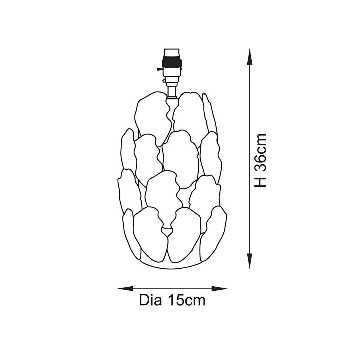 Line drawing of the Endon Caldford Large table lamp base with leaf-detail ceramic body and B22 lamp holder, marked H 36cm and Dia 15cm.