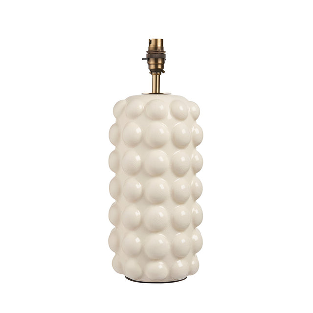 Amberley Table Lamp base in white ceramic with sculptural bobble texture, aged brass stem and B22 bulb holder, shown on a plain white background.