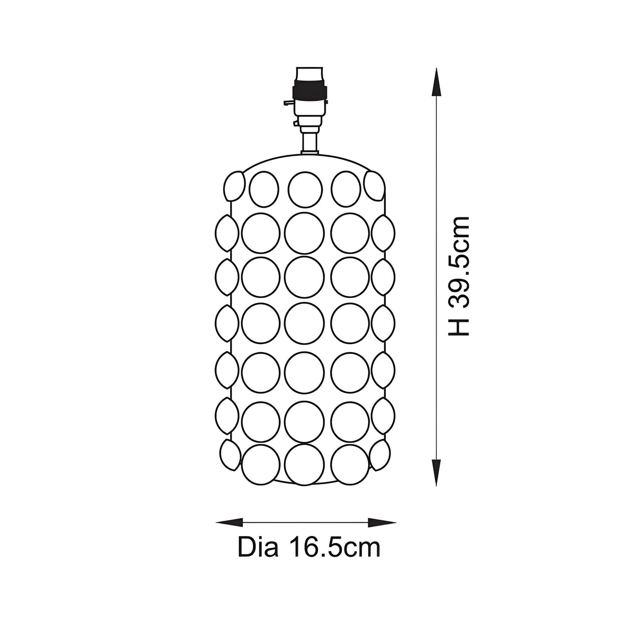 Line drawing of the Amberley table lamp base with bobble-textured ceramic body and brass lamp holder, labelled H 39.5cm and Dia 16.5cm.