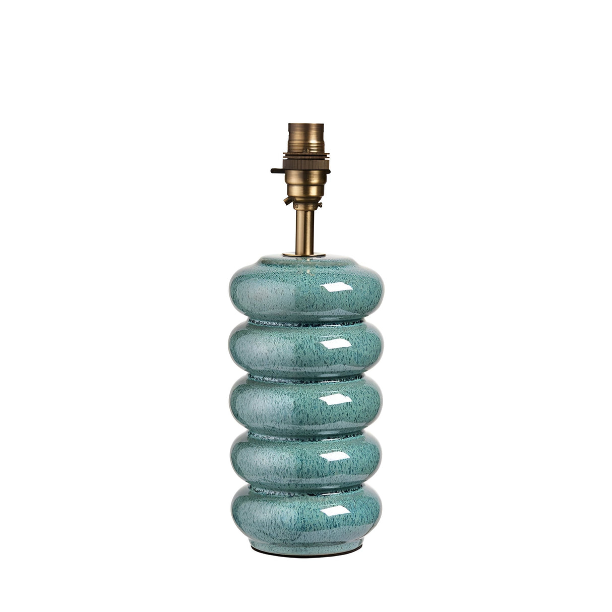 Cliffstead Table Lamp base in teal ceramic with ribbed curves and reactive glaze, brushed brass B22 switched holder, on a plain white background.