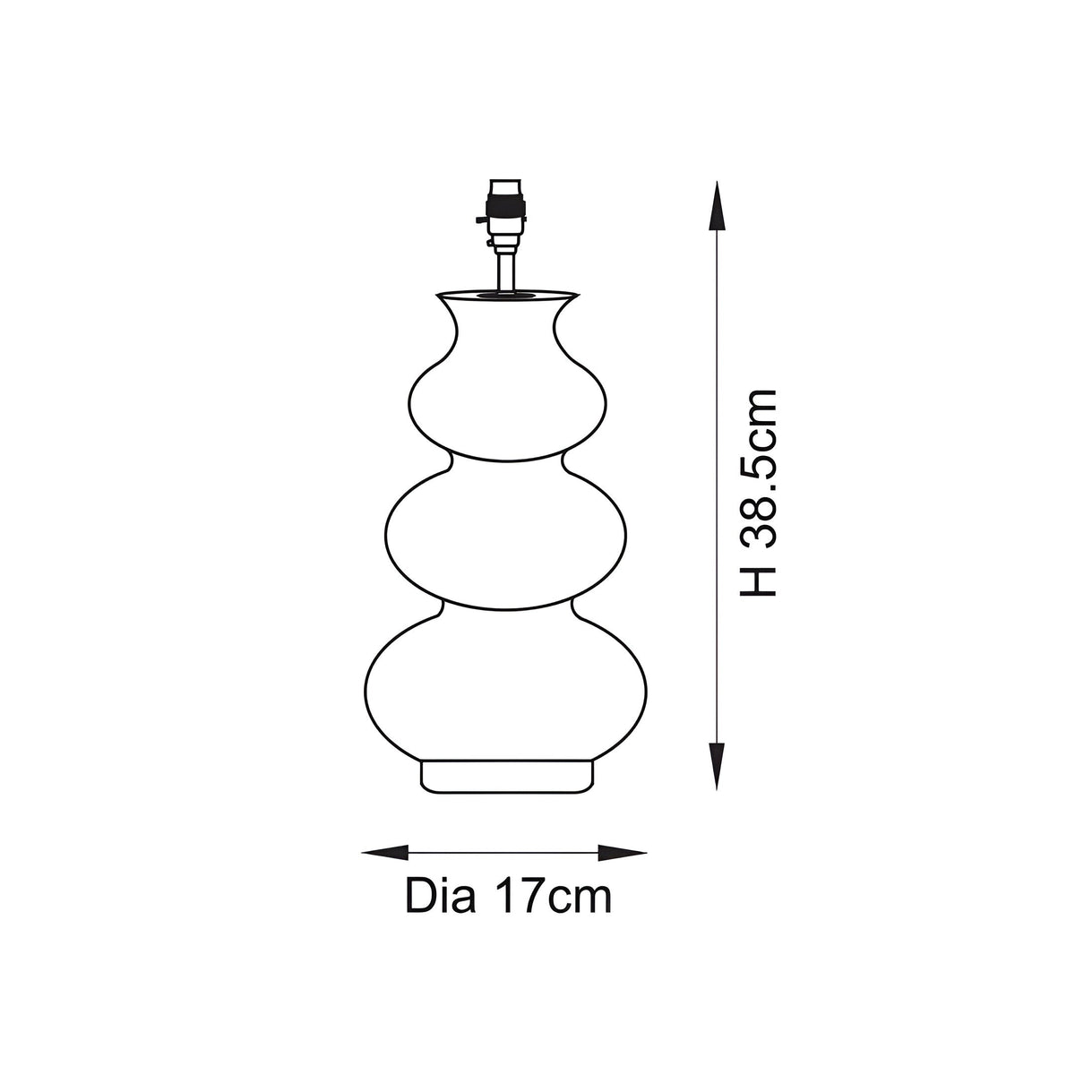Endon Carlstead table lamp dimensions diagram showing gourd-shaped ceramic base with B22 lamp holder, 38.5cm height and 17cm diameter.