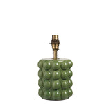 Endon Amberley table lamp base in glossy olive green ceramic with sculpted bobble texture, aged brass B22 lamp holder and stem, on a white background.