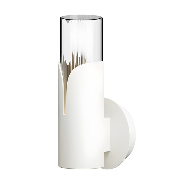 Bisel Cylinder Ribbed Glass Wall Light in matt white, with a curved iron sleeve wrapping a fluted glass cylinder on a round backplate, shown against a plain white background.