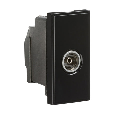 The Screened TV Outlet 25 X 50mm in black is a sleek, rectangular electronic panel with a matte finish. It features a central circular metal keyhole for secure access or control and is equipped with a fully screened coaxial aerial outlet to ensure low-loss signal transmission.