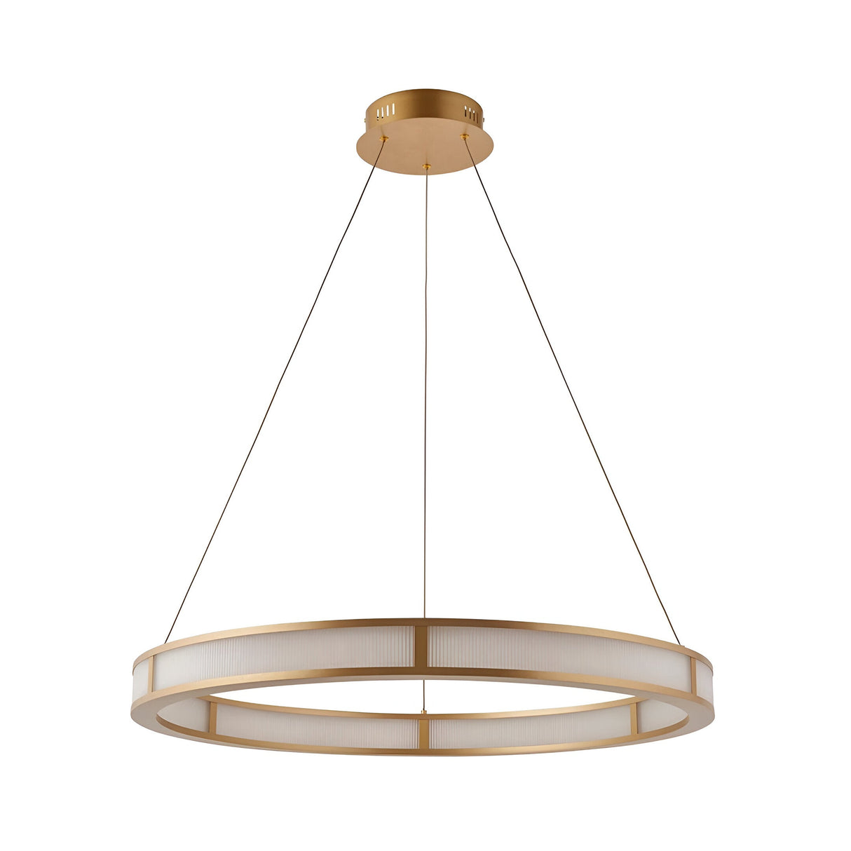 Endon Bevley 800mm LED ring pendant in brushed gold with ribbed frosted acrylic diffuser, suspended from clear cables on a plain white background.