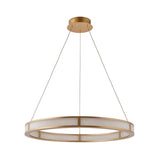Endon Bevley 800mm LED ring pendant in brushed gold with ribbed frosted acrylic diffuser, suspended from clear cables on a plain white background.