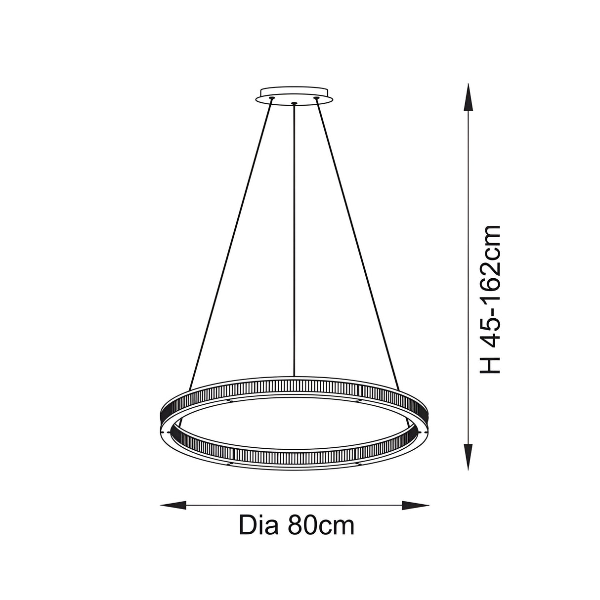 Dimensions diagram of the Endon Bevley Ring Pendant showing 80cm diameter and adjustable 45-162cm height on a plain white background.