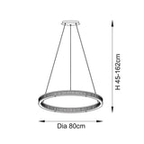 Dimensions diagram of the Endon Bevley Ring Pendant showing 80cm diameter and adjustable 45-162cm height on a plain white background.