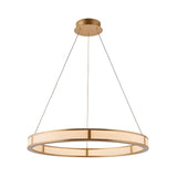 Endon Bevley LED ring pendant in brushed gold with a ribbed frosted acrylic diffuser, suspended on clear cables from a round ceiling plate.