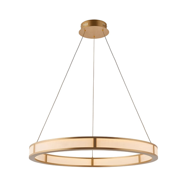 Endon Bevley LED ring pendant in brushed gold with a ribbed frosted acrylic diffuser, suspended on clear cables from a round ceiling plate.