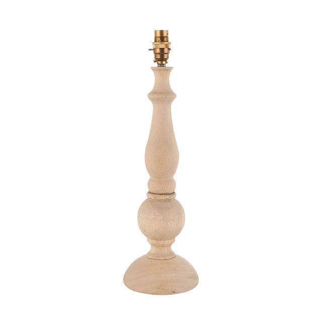 Endon Brenhurst table lamp base in hand-turned natural solid wood with a turned baluster profile and switched brass B22 lamp holder, on a white background.