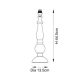 Dimension diagram of the Endon Brenhurst table lamp base showing a turned wood profile with brass B22 holder, 44.5cm height and 13.5cm diameter.