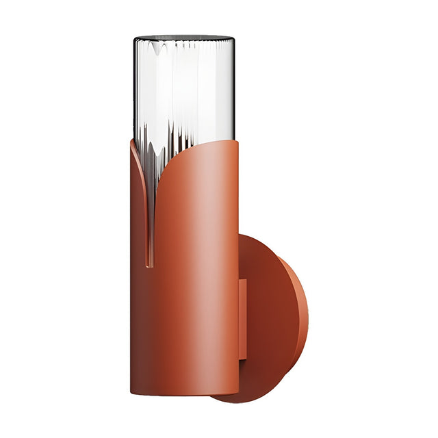 Bisel Cylinder Ribbed Glass Wall Light in matt terracotta, with a fluted glass tube in a curved iron sleeve on a round wall plate, shown on a plain white background.
