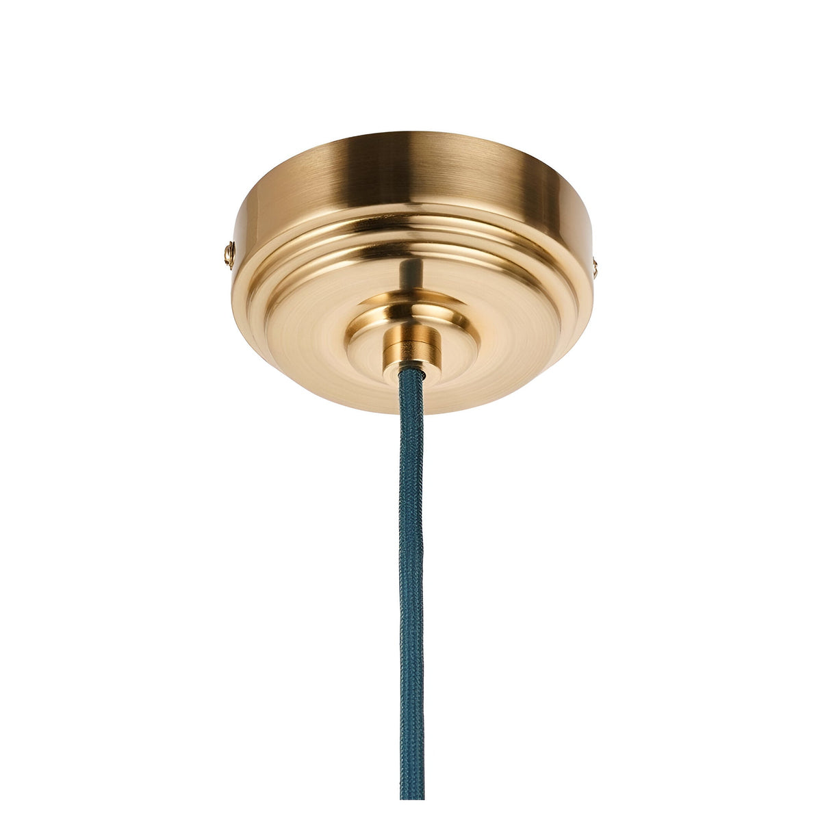 Endon Brackmont pendant flex set ceiling rose in brushed aged brass with a blue braided fabric cable, shown on a plain white background.