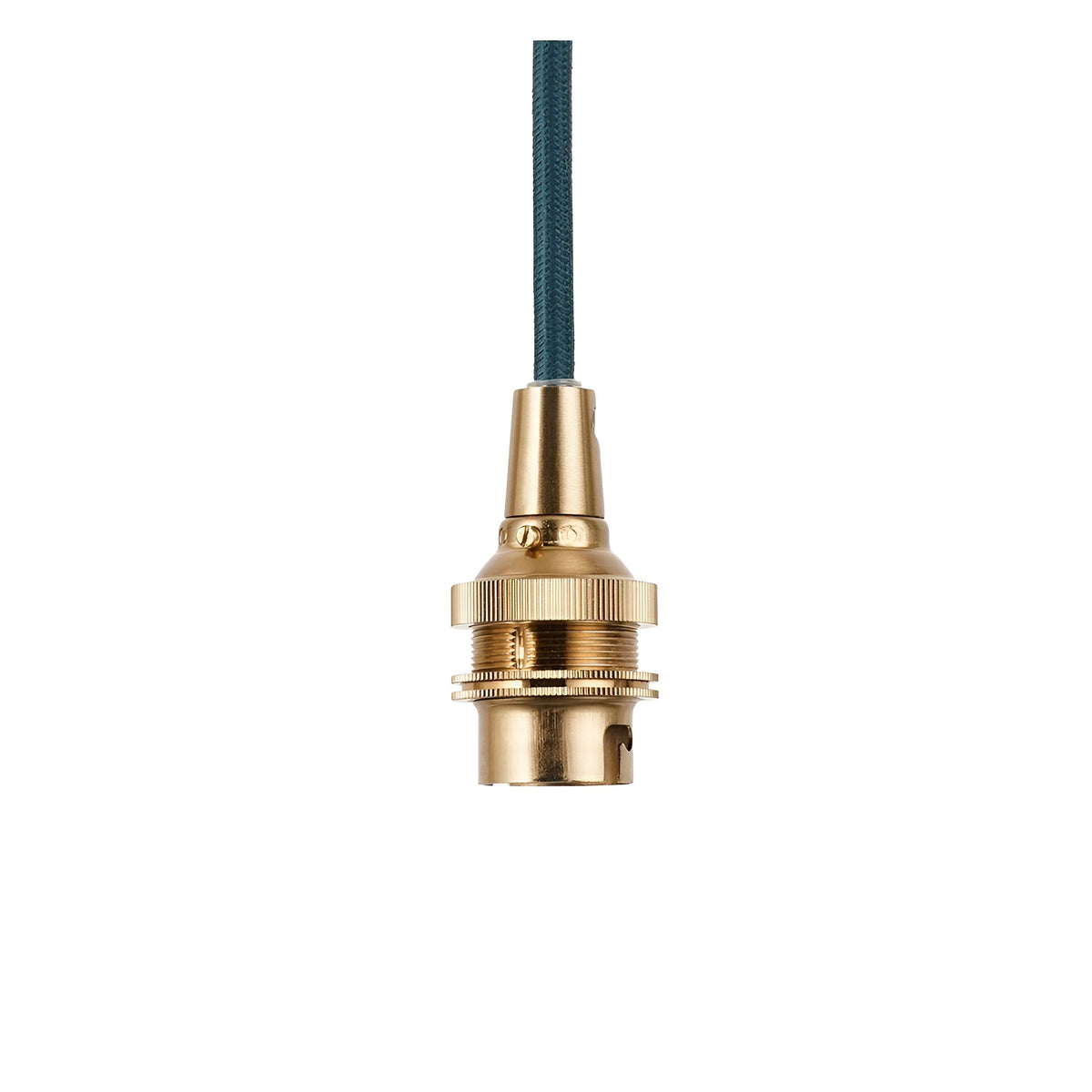 Endon Brackmont B22 pendant flex set with brushed aged brass lampholder and blue braided fabric cable, shown on a plain white background.