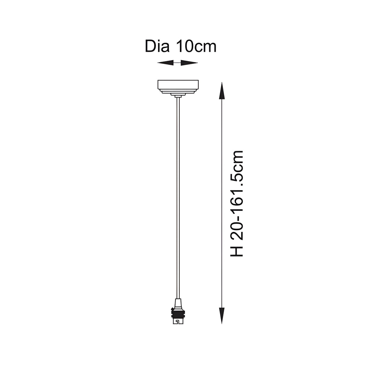 Endon Brackmont Flex Set dimensions diagram showing 10cm diameter ceiling rose and adjustable 20–161.5cm drop with B22 lampholder on a white background.