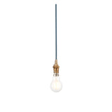 Endon Brackmont flex set pendant light with brushed aged brass B22 fitting and blue braided fabric cable, shown with a bare bulb on a white background.