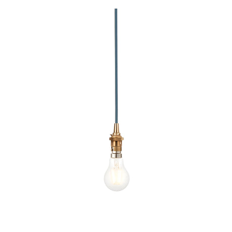 Endon Brackmont flex set pendant light with brushed aged brass B22 fitting and blue braided fabric cable, shown with a bare bulb on a white background.