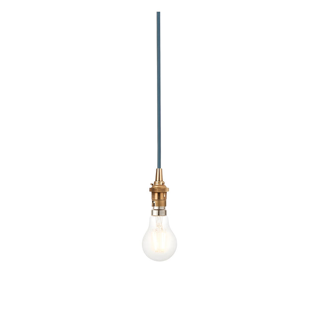 Endon Brackmont flex set pendant light with brushed aged brass B22 fitting and blue braided fabric cable, shown with a bare bulb on a white background.