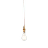 Endon Brackmont Flex Set pendant light with brushed aged brass B22 lampholder, red braided fabric cable, and exposed bulb on a plain white background.